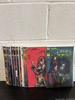 Photo showing 11 issues of The Darkness comic books #16-#26 in clear protective sleeves standing against a white wall.