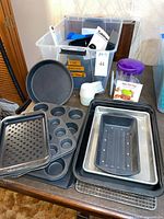 Overview of bakeware, chopper, measuring cups