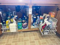 Overall under-sink view showing full assortment of cleaning products and two slide-out baskets
