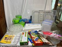 All items on table showing storage containers, dispensers, accessories