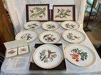 All eight Boehm plates, two placemats and coaster box displayed