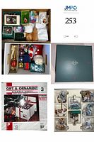Overview of assorted ornaments in cardboard box, sealed storage box set, Lenox presentation box