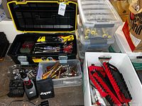 Overview of toolbox, bins, Skil driver, wrench racks