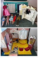 Group of five Barbie dolls, wardrobe closet with hangers, pink gown, clothing