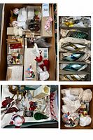 Box overview showing multiple ornament boxes, plush and felt ornaments, wooden Santa