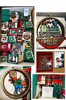 Close-up collage highlighting 1976 locomotive disc, boy disc, boxed ornaments, collectors guide cover