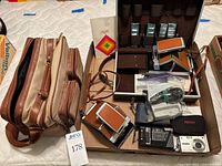 Lot overview showing two Polaroid cameras, additional cameras, flashbars, and carrying case