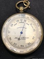 Front view showing signed dial, scales, pointer and ring