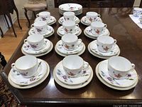 Full set arranged on table showing cups on saucers over plates with stack of larger plates