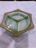Top view showing green uranium glass dish with three sections and gold etched rim