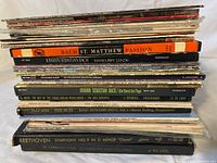 Stack of classical LPs and boxed sets showing spines such as Bach Passion, Mass in B Minor, Beethoven Symphony No. 9