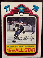 Front of 1978-79 O-Pee-Chee #328 Borje Salming hockey card showing player in Leafs uniform skating on ice with vibrant colored accents and text highlighting 1st Team All-Star status.
