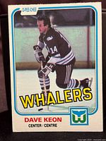 Front side of the card showing Dave Keon in Whalers uniform with team name and player information.