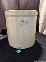 Full view of the 3 gallon crock showing the overall shape, color, and condition of the stoneware.