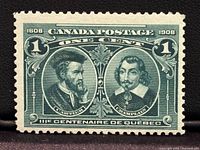 Front view of 1908 Canada mint postage stamp commemorating Quebec Tercentenary, 1 cent denomination, showing Cartier and Champlain portraits.