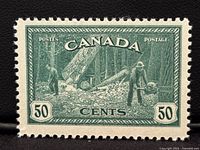 Obverse of the 50 cent Canadian King George VI Peace Issue stamp showing green engraving of loggers and timber in British Columbia.