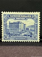 Front view of 1928 Newfoundland six cent postage stamp featuring Newfoundland Hotel St Johns in ultramarine color