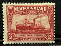 Front view of the 1928 Newfoundland postage stamp showing the S.S. Caribou steamship in deep carmine color with detailed border and text.