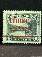 Front side of the rectangular stamp with detailed engraving and red overprint 'THREE CENTS'.