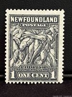 Front view of Newfoundland 1932 1 cent postage stamp showing detailed image of pile of codfish and denomination.