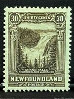 Front of Newfoundland stamp displaying Grand Falls waterfall with the denomination 30 cents and detailed artistic border in dark brown ink.