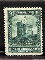 Front view of a 9 cent myrtle green Newfoundland stamp featuring Cabot Tower at Signal Hill, St. John's. Shows detailed architectural design and denomination markings.