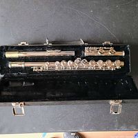 Flute disassembled into headjoint, body, footjoint in open fitted case