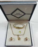 Full set inside Ice Castle branded box showing watch, necklace with pendant, and earrings