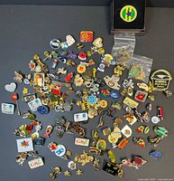 Wide view of assorted vintage pins laid out showing a variety of colors and designs, including animal shapes, logos, and event pins.