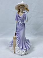 Front view of the Royal Doulton figurine showing the woman in a lavender dress holding binoculars and a beige parasol.