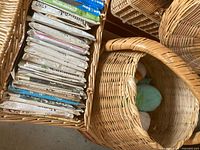 Top view of baskets containing sewing patterns and yarn