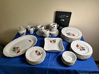 Full overview of the dish set laid out showing various plates, cups, saucers, and serving pieces with floral decoration and gold rim.