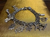 Full view of sterling charm bracelet showing chain and attached charms