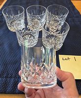 Six Waterford cut crystal whiskey glasses, one held to show pattern
