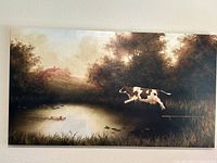 Full view of the print showing entire surreal rural scene with cow leaping, pig swimming, and barn on hill.