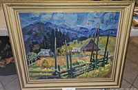 Full front view of framed oil painting showing mountainous landscape with fence and buildings