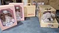 Two boxed Effanbee Communion dolls, a beige Fisher-Price medical kit in a carrying case, and a boxed Pound Puppy dog toy on a surface.