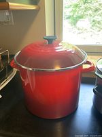Red Le Creuset stockpot with lid, full view
