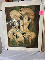 Full view of etching by Zhiyuan Cong, showing abstract figures in stylized poses on textured paper.