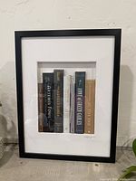 Front view of framed artwork showing book spines and frame