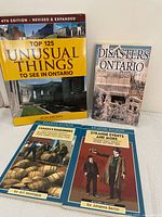 Four books arranged upright and flat on surface showing front covers of all visible.