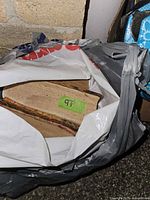 Photo of the books partially inside a plastic bag with a green numbered tag visible.