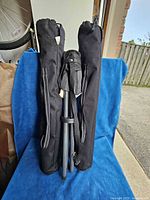 Three black canvas outdoor stools collapsed and placed side-by-side in black carrying bags with shoulder straps, background of outdoor setting.