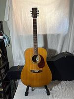 Full front view of natural wood finish Alvarez acoustic guitar on stand, with black hard shell case behind.