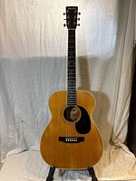 Full front view of guitar on stand against backdrop