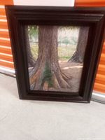 Photo showing a framed painting of large tree trunks and forest scenery, the frame is dark wood, artwork shows detailed texture in bark and soft background.