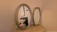 Photo showing both oval and oblong mirrors side by side resting on a wooden surface, showing frame details and relative sizes.