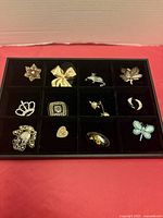 All twelve brooches displayed in tray