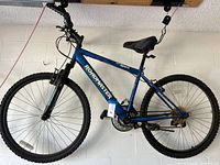 Full blue Roadmaster MT Sport mountain bike with knobby tires, steel frame, and seat, shown hanging from a ceiling mount.