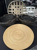 Full lot overview showing bamboo charger, two wicker baskets, tobacco basket